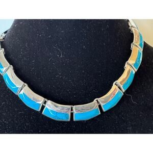 Estate Taxco 950 Sterling Silver Turquoise Heavy Choker Link Necklace 104 Grams